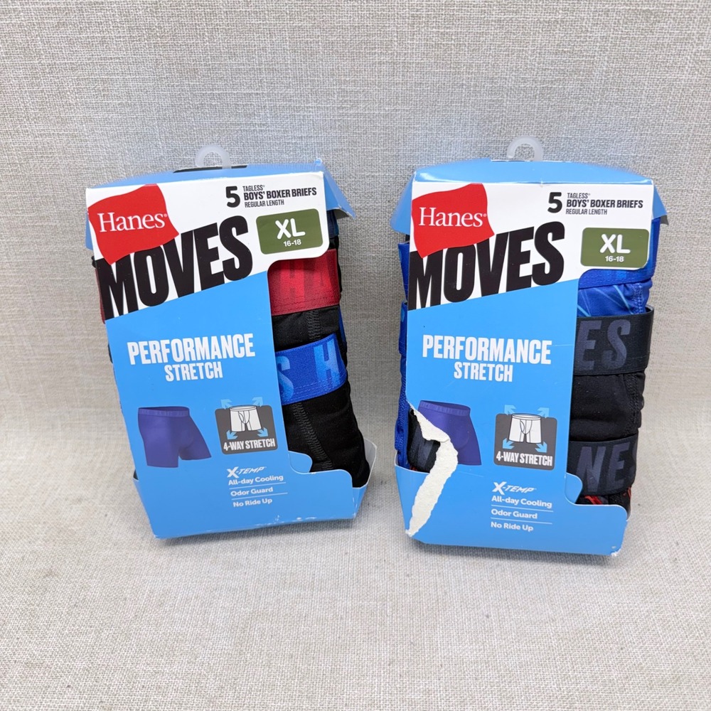 Hanes Moves Boys Boxer Briefs 10 Pack XL 16-18 Performance Stretch Blue Red New